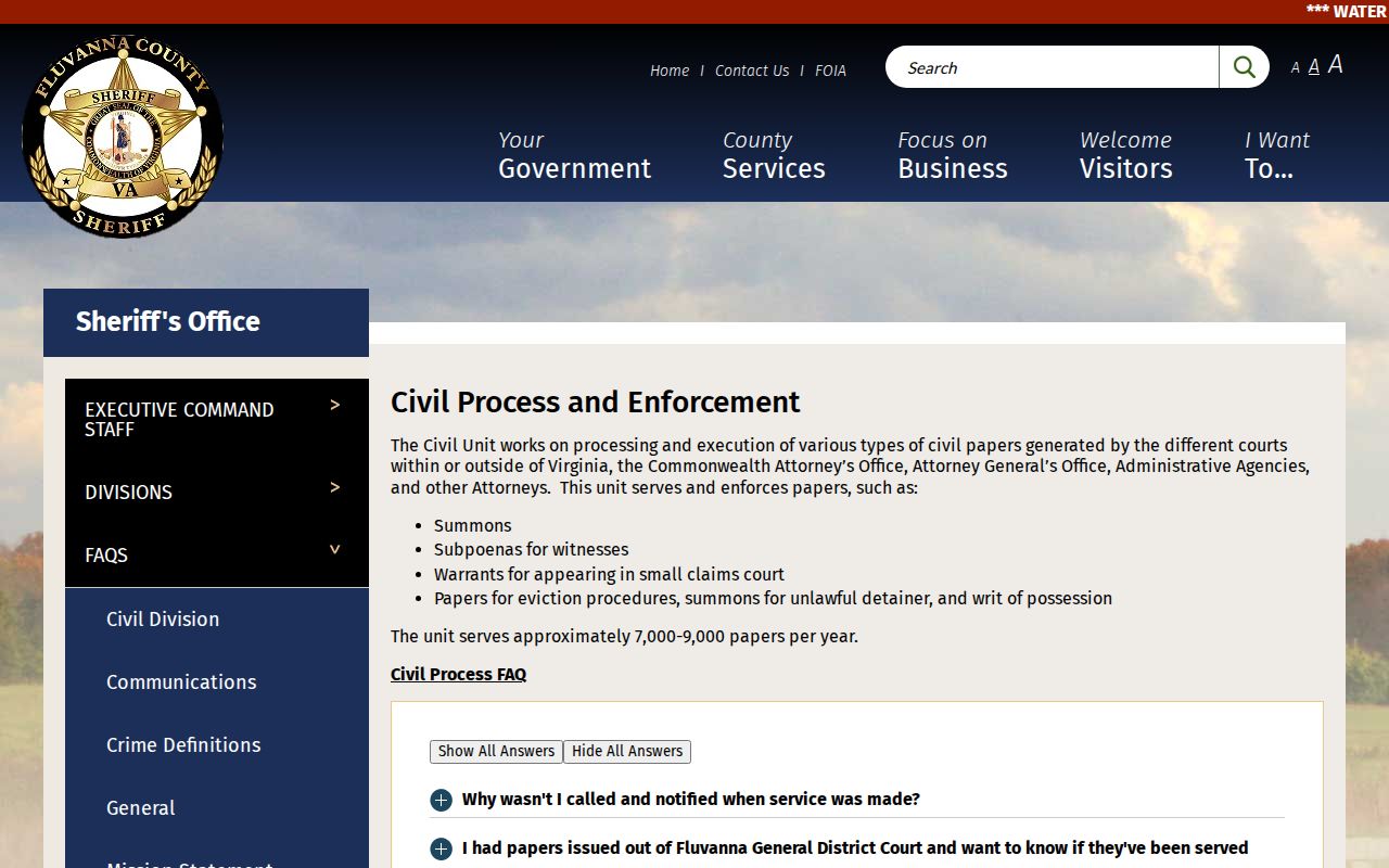 Fluvanna County active warrant information, Sheriff's civil process FAQ