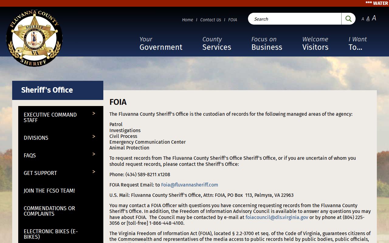 Fluvanna County warrant check, Sheriff's FOIA contact and request page