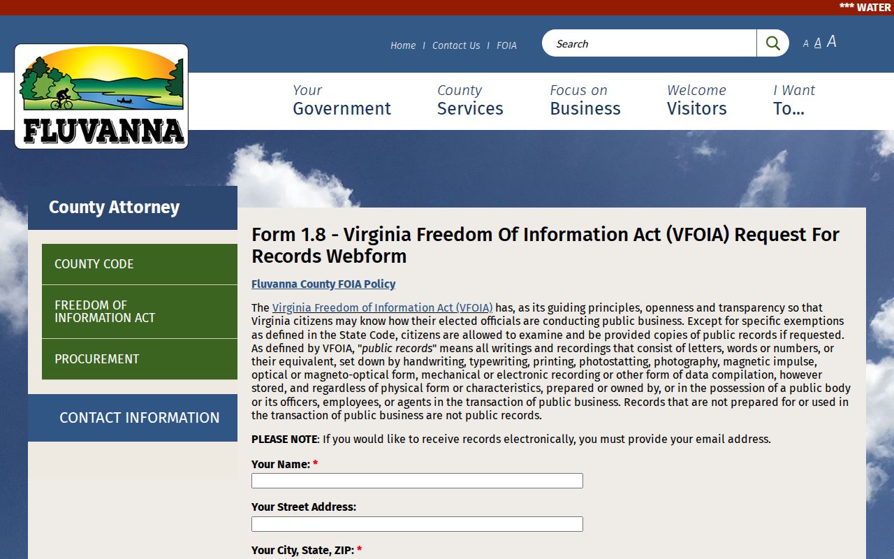 Fluvanna County warrant records request, county VFOIA web form