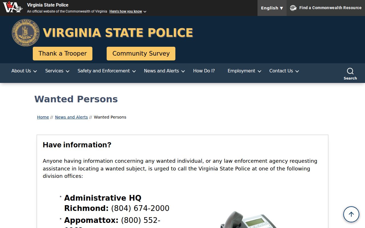 Fluvanna County wanted-person tip routing, Virginia State Police contacts