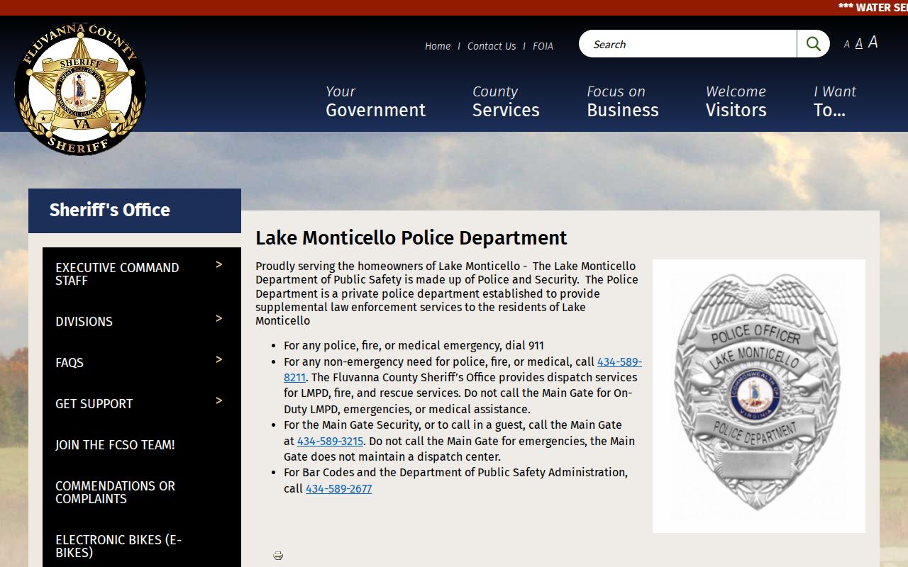 Fluvanna County municipal warrant jurisdiction, Lake Monticello Police description
