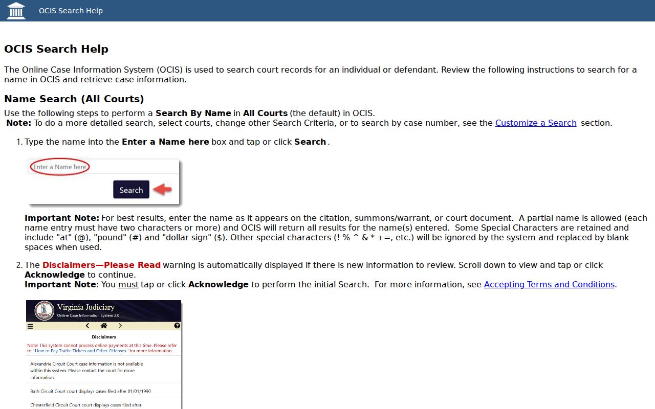 Fluvanna County warrant check, official OCIS search-help fields
